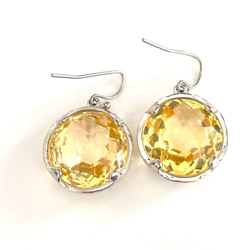 Elegant Silver Tone Metal and Yellow Faceted Earrings